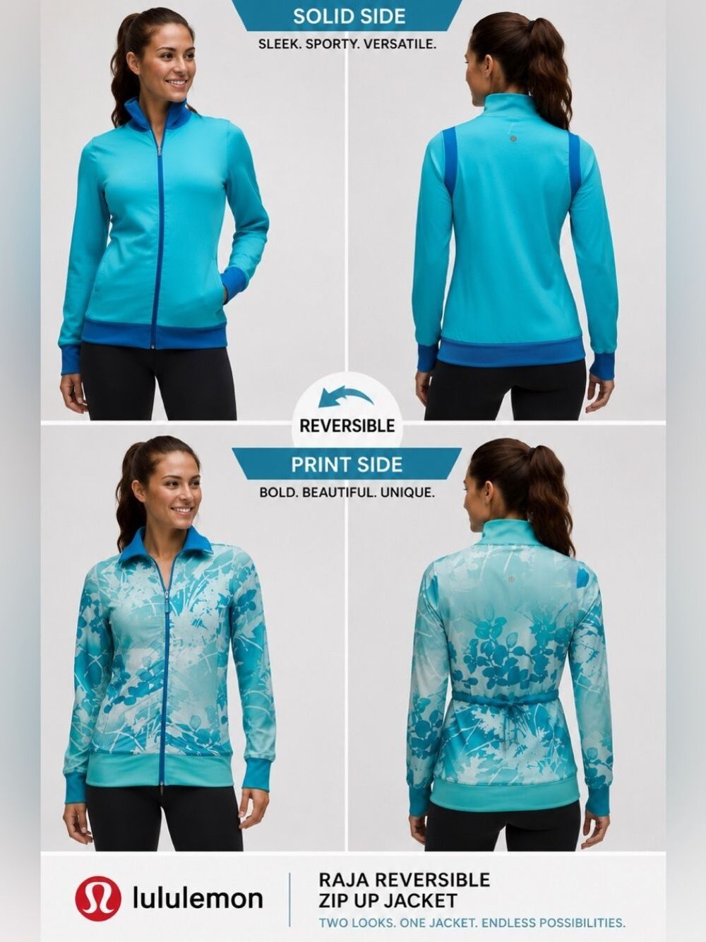 Lululemon Raja Reversible Zip-Up Jacket Blue Aqua Floral 2-in-1 Jacket Sz 6